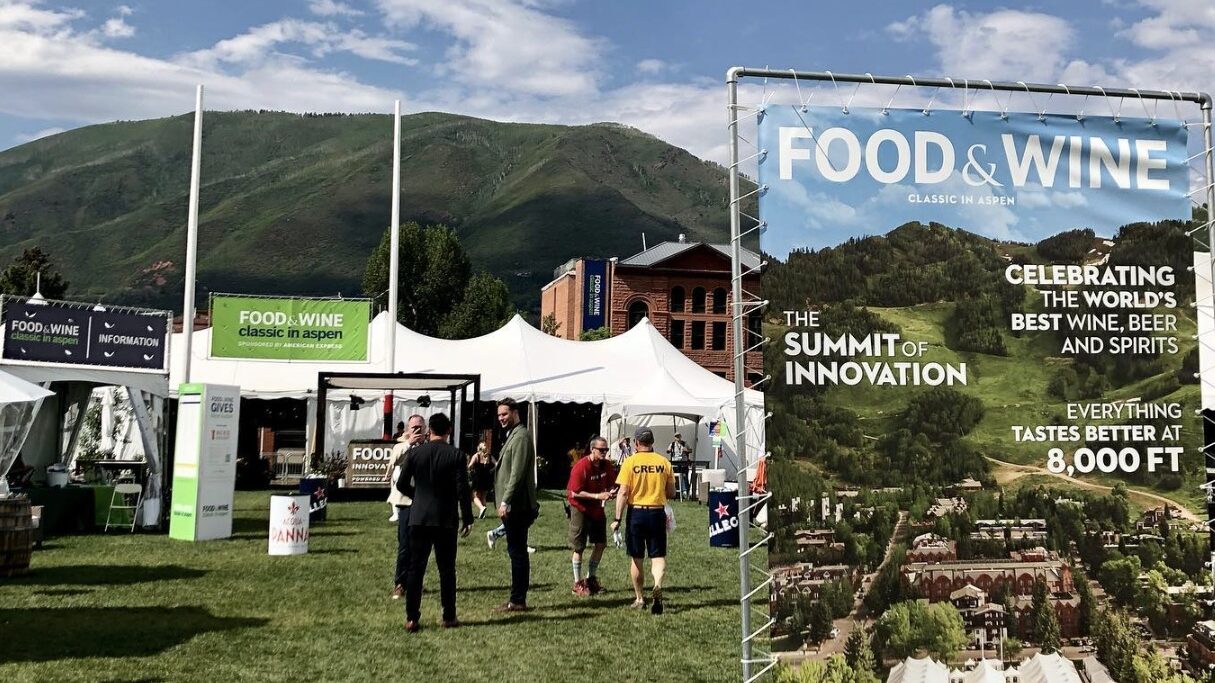 The Food and Wine Classic grounds in Aspen, tents below the mountains