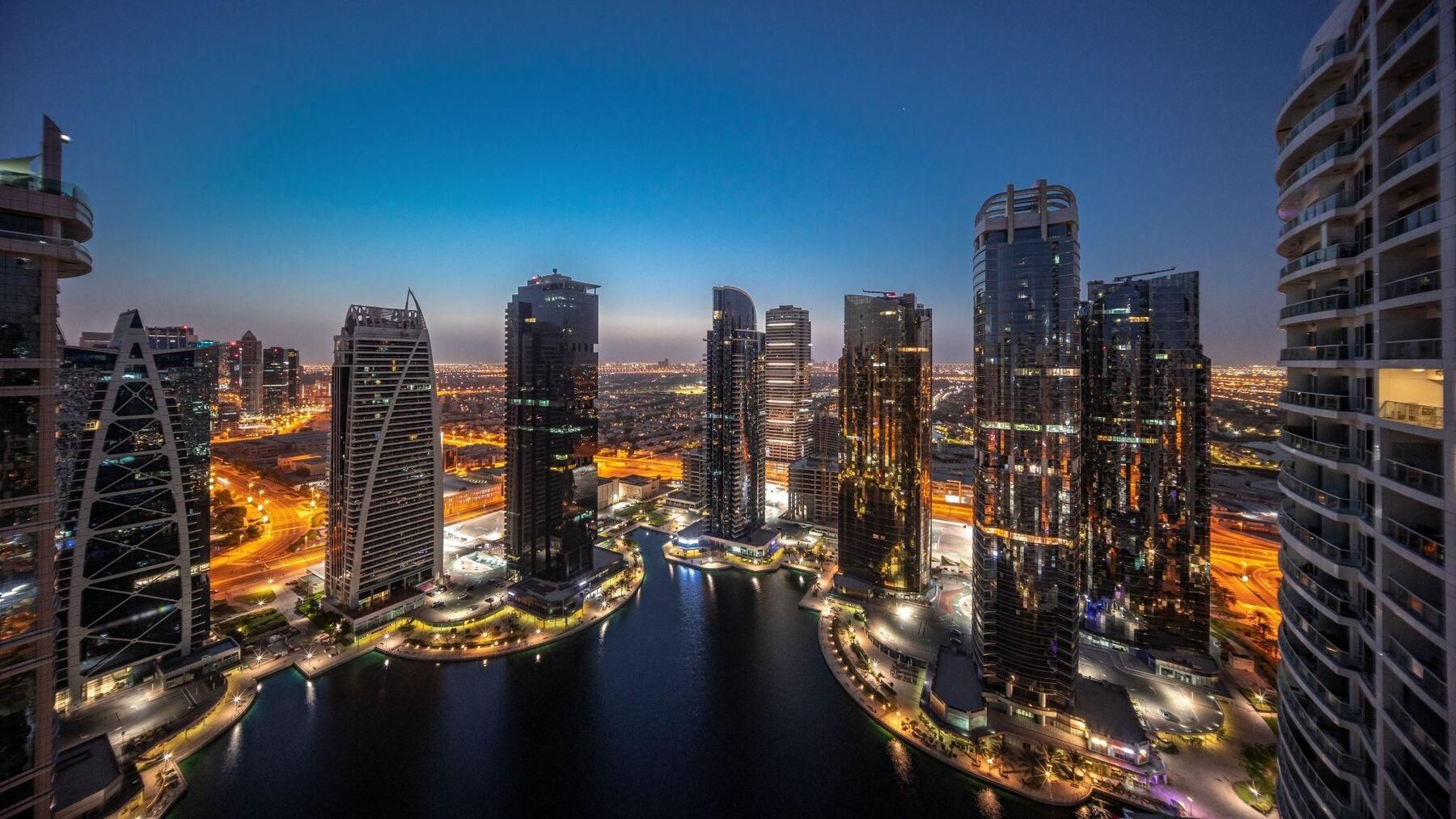Jumeirah Lakes Towers skyline at dusk