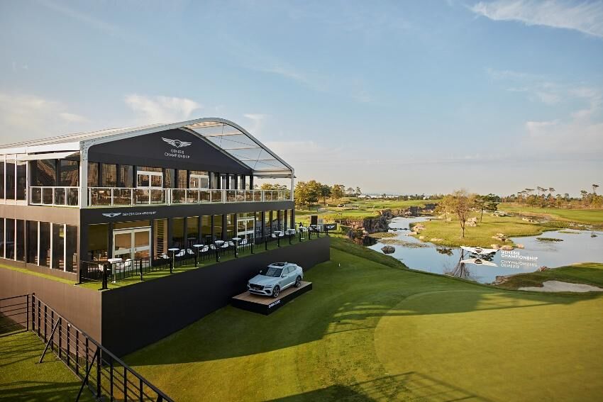 Genesis hospitality pavilion overlooking the course at the Genesis Championship
